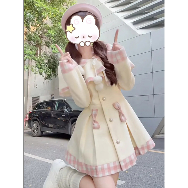 日系甜美可爱套装裙女秋冬新款小个子收腰显瘦毛呢外套斗篷两件套,女装/女士精品,时尚套装,淘宝优惠券,粉丝福利购,淘宝优惠卷