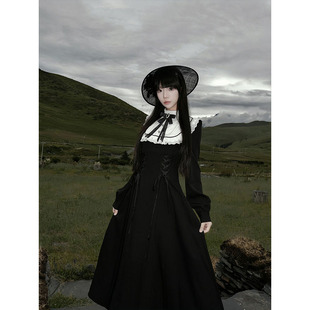 暗黑系小众优雅长裙 新款 法式 复古气质收腰蕾丝蝴蝶结连衣裙女秋季