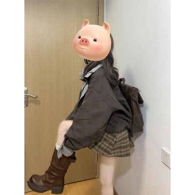 湿淋雨季 韩系秋冬新款设计感拼接夹克外套格纹半裙慵懒两件套