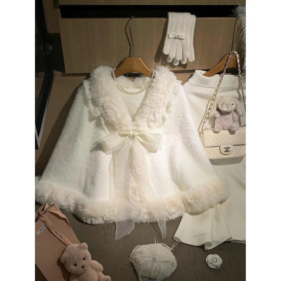 2025秋冬新款千金风甜美蝴蝶结毛茸茸白色斗篷外套+半身裙两件套