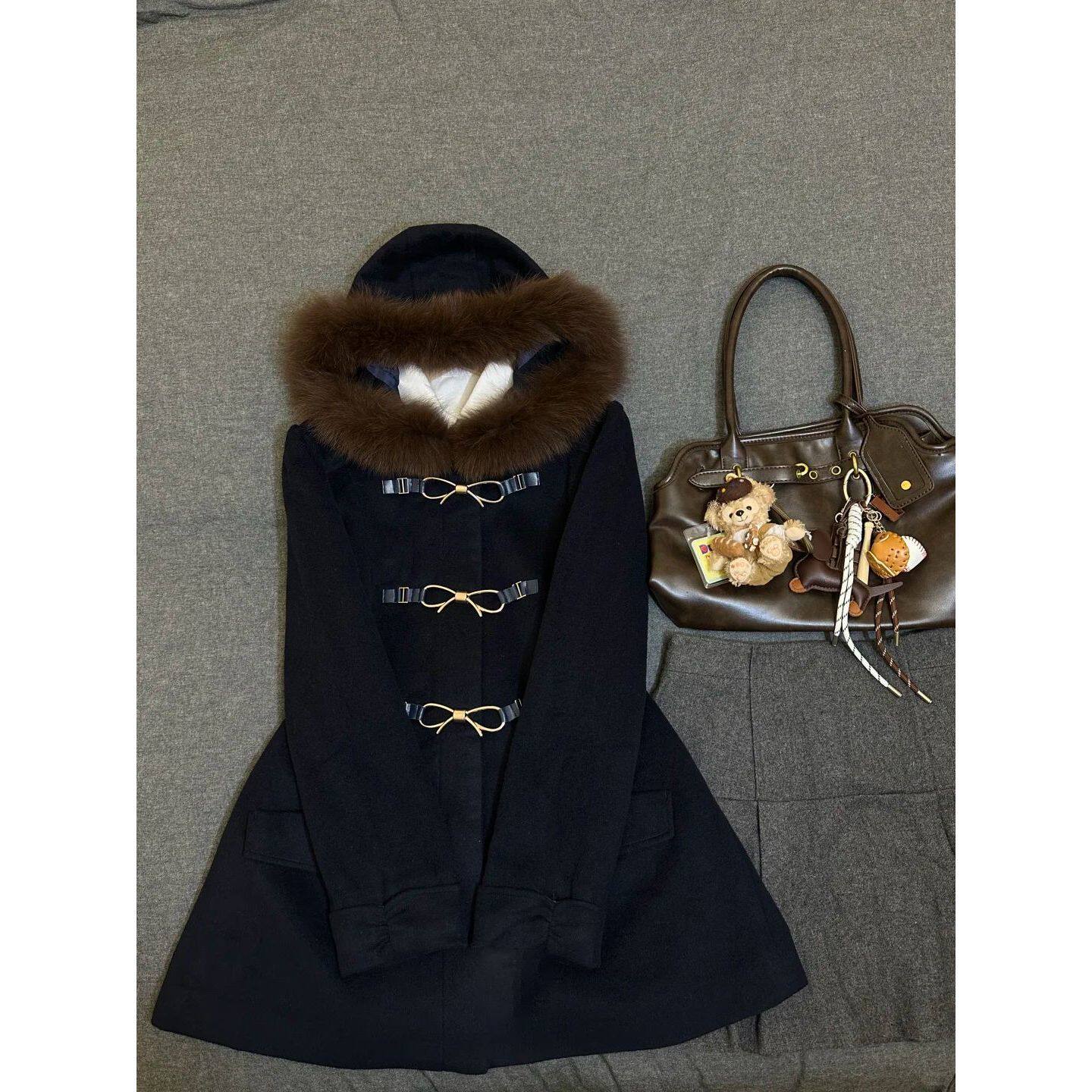 复古毛语 古早感miu系大衣冬季新款千金风学院蝴蝶结毛绒拼接外套