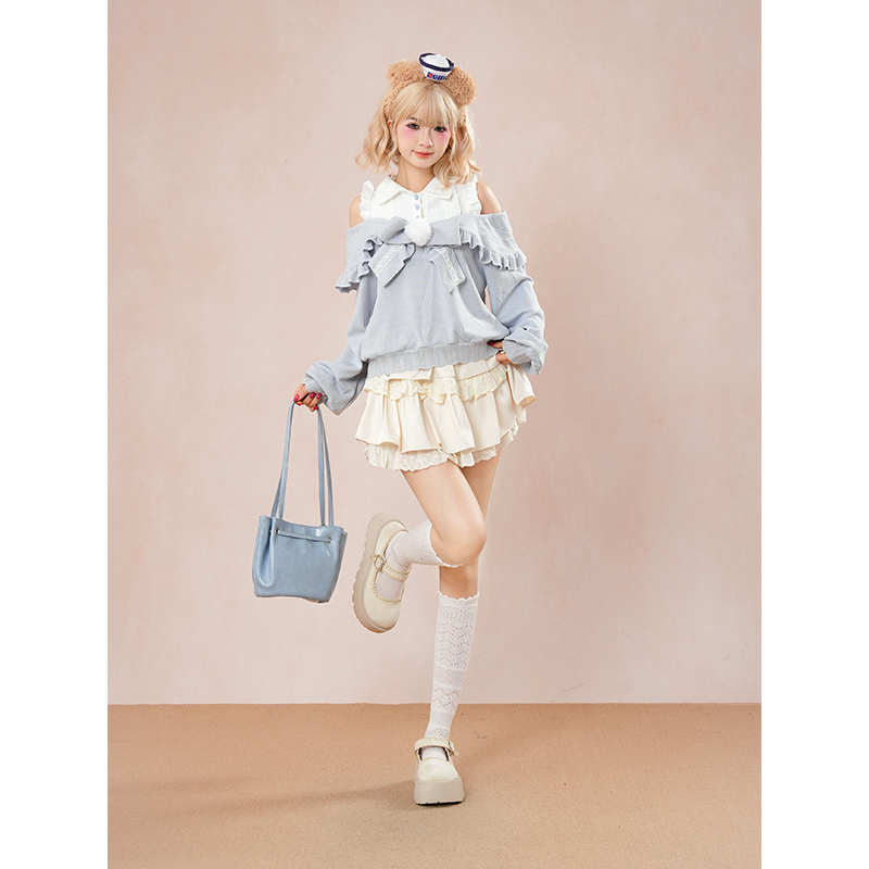 兔绒绒 设计奈奈风水色甜美可爱风秋冬款露肩毛衣芭蕾风半裙套装