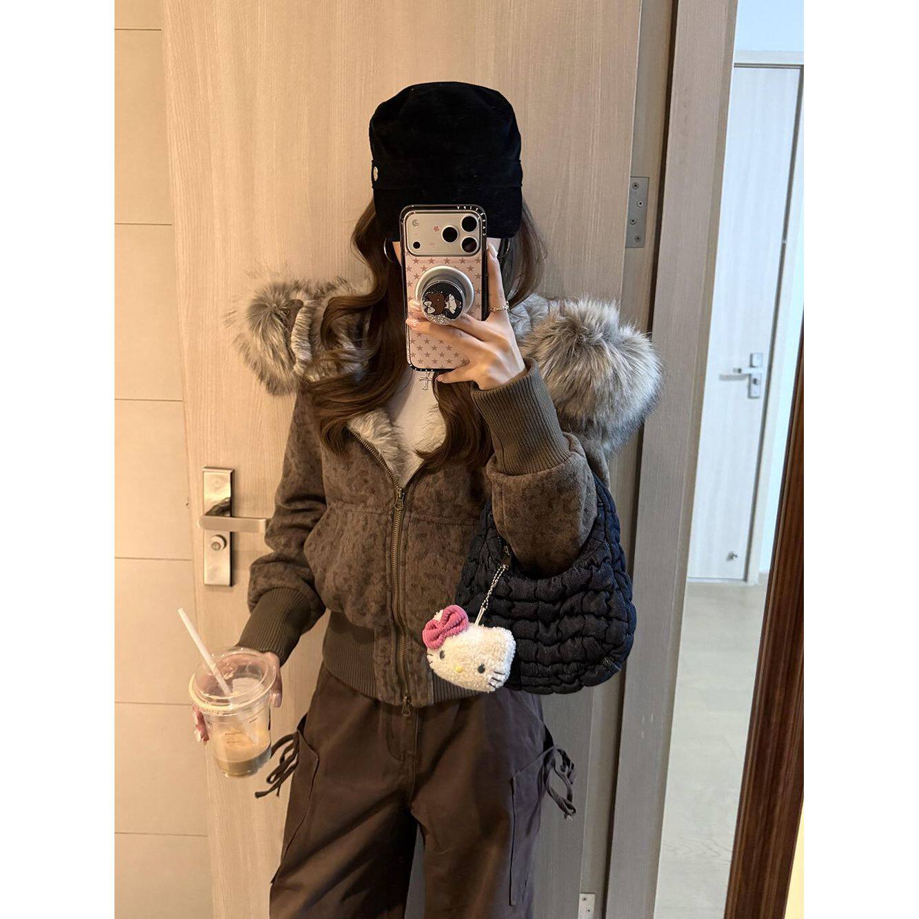 韩系复古豹纹毛领连帽外套女冬季新款小众设计感高级修身休闲外套