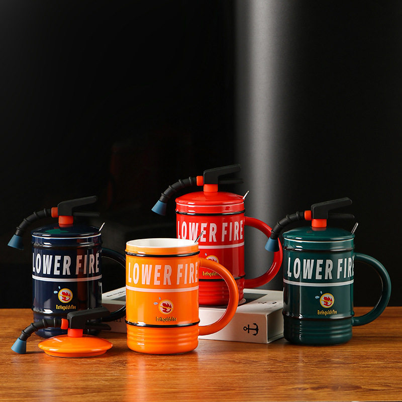 灭火器杯子消防器材创意陶瓷杯办公室希音新奇水杯带盖带勺子杯子