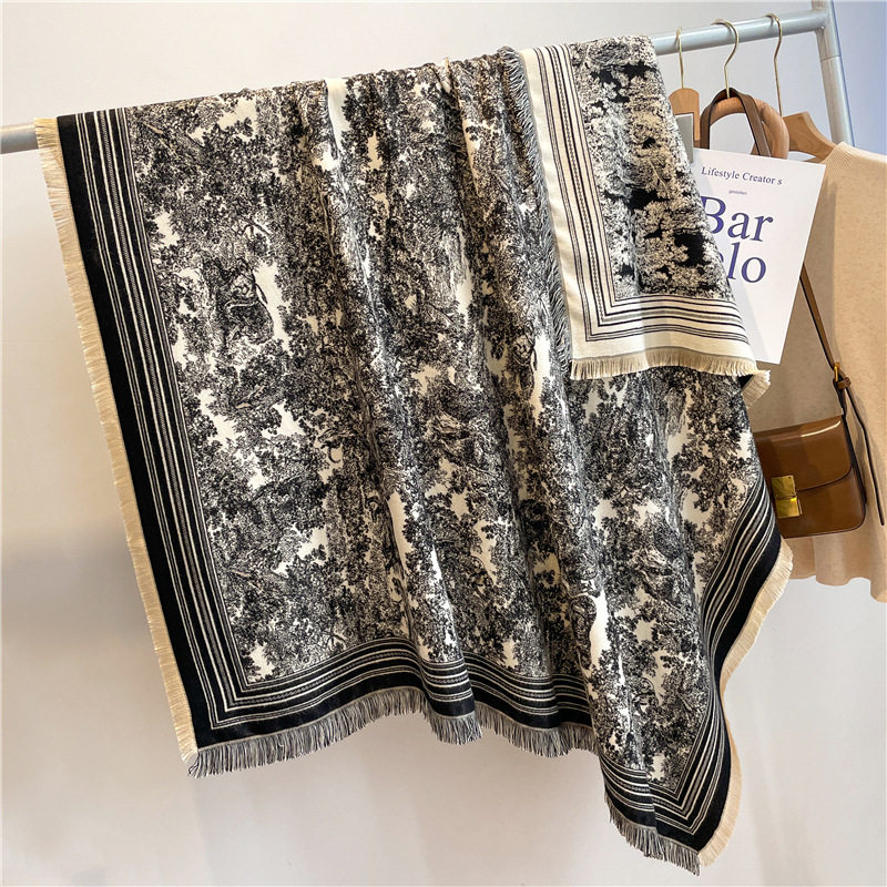 秋冬季新款羊毛保暖加厚流苏围巾高级感仿羊绒方巾女空调披肩