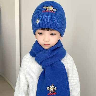 儿童帽子男孩时尚帅气奥特曼针织帽秋冬款加厚保暖毛线帽围巾套装