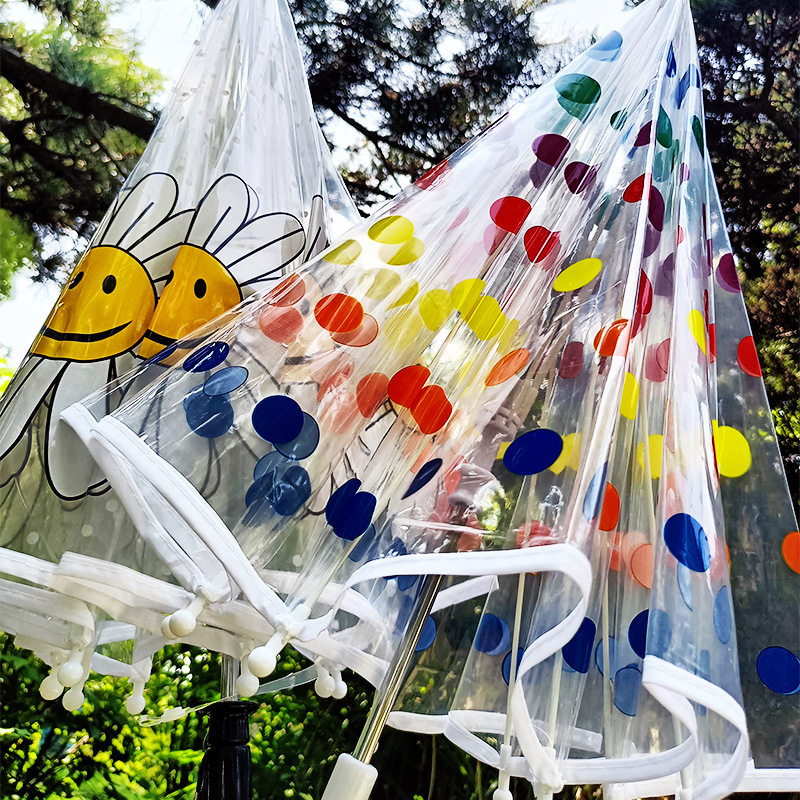 日系彩色波点自动弯柄儿童透明雨伞挡风防雨ins风宝宝可爱街拍雨