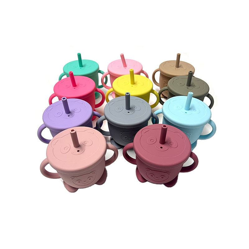 硅胶婴儿吸管杯食品级儿童学饮杯双手柄带刻度婴童用品饮水杯耐摔