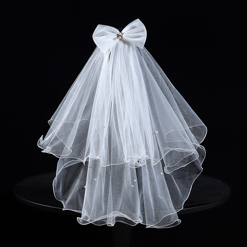 头纱新娘主婚纱头饰短款珍珠蝴蝶结森系法韩式结婚旅拍照摄影发饰