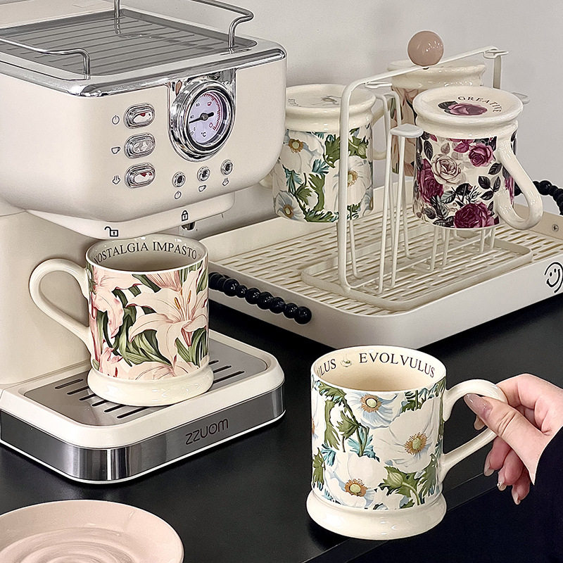 复古风色釉花卉马克杯耐高温下午茶陶瓷杯套装高级感乔迁礼品