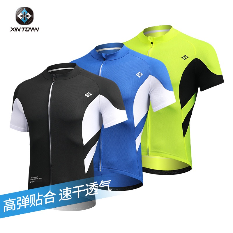 骑行服拼色上衣夏季自行车服男速干透气运动拼接短袖上衣网眼面料