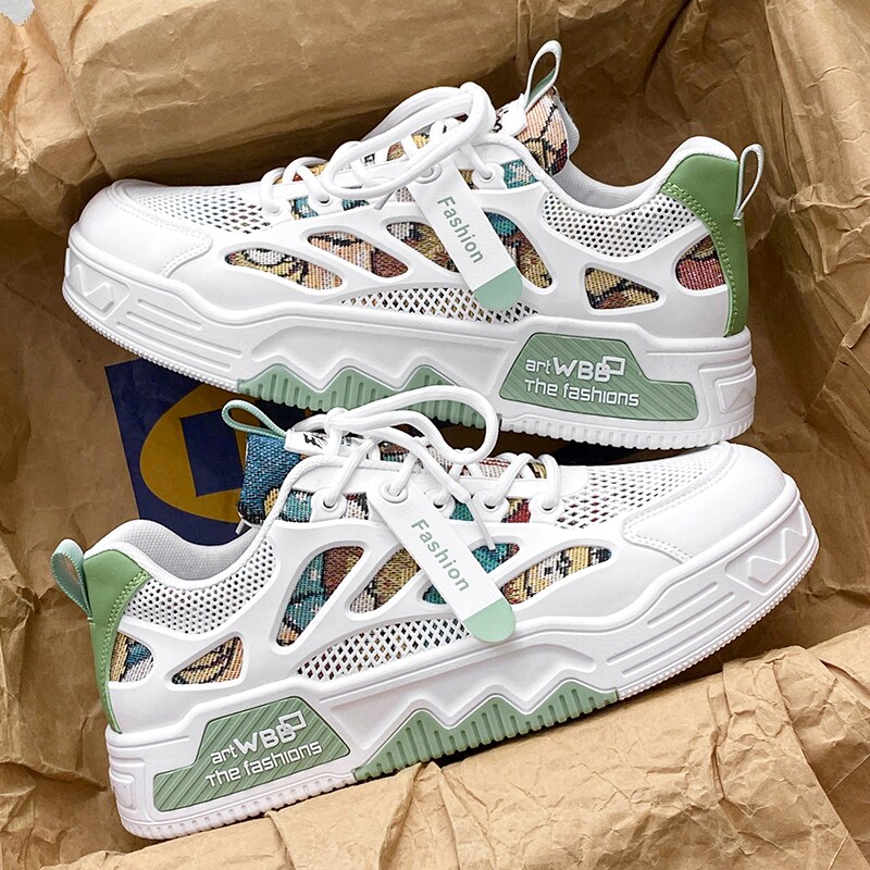 潮牌男鞋新款夏季网面透气薄款休闲板鞋青少年运动厚底小白鞋潮鞋