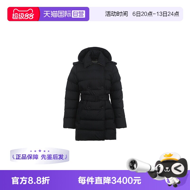 【自营】BURBERRY/博柏利女士双排扣连帽中长款保暖鹅绒羽绒服