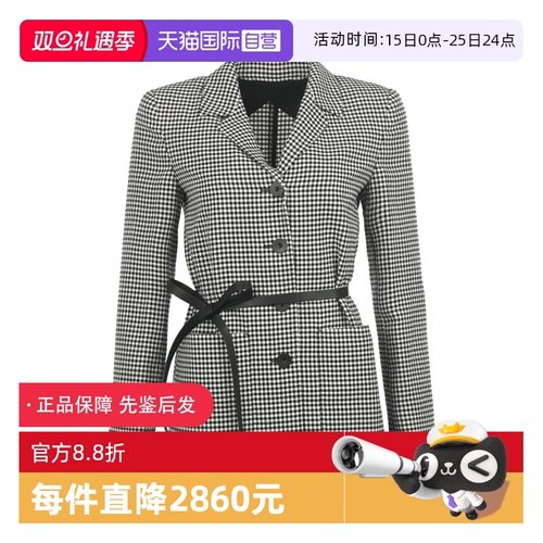 【自营】MaxMara女士薄款格纹翻领腰带西装外套羊毛休闲西便