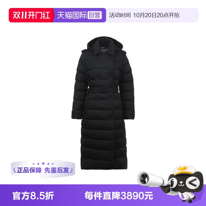【自营】BURBERRY/博柏利女士纯色腰带设计可拆卸帽长款羽绒服