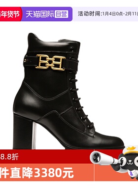 【自营】Bally/巴利女士黑色B-CHAIN小牛皮中跟皮靴时尚百搭高街