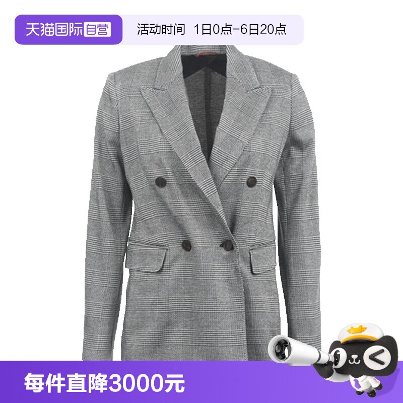 【自营】MaxMara女士通勤休闲格纹双排扣戗驳领长袖直筒西装外套图片