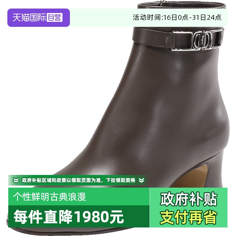 【自营】FERRAGAMO/菲拉格慕女士牛皮革高跟粗跟靴子踝靴0753958