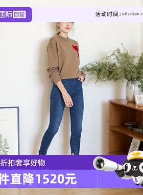 【自营】AMI女士红色大爱心提花休闲宽松圆领套头羊毛针织衫毛衣