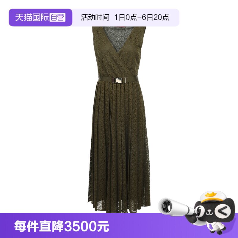 【自营】MaxMara新品女士蕾丝花纹V领无袖收腰款长款连衣裙长裙