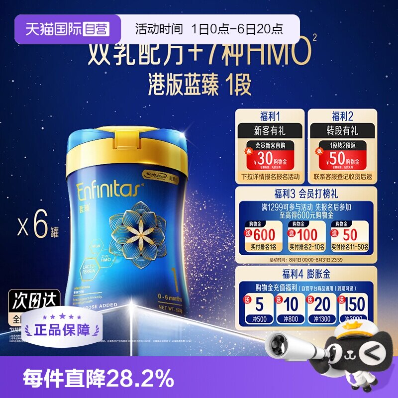 【自营】美赞臣港版蓝臻HMO婴儿奶粉（0-6个月）1段820g*6罐
