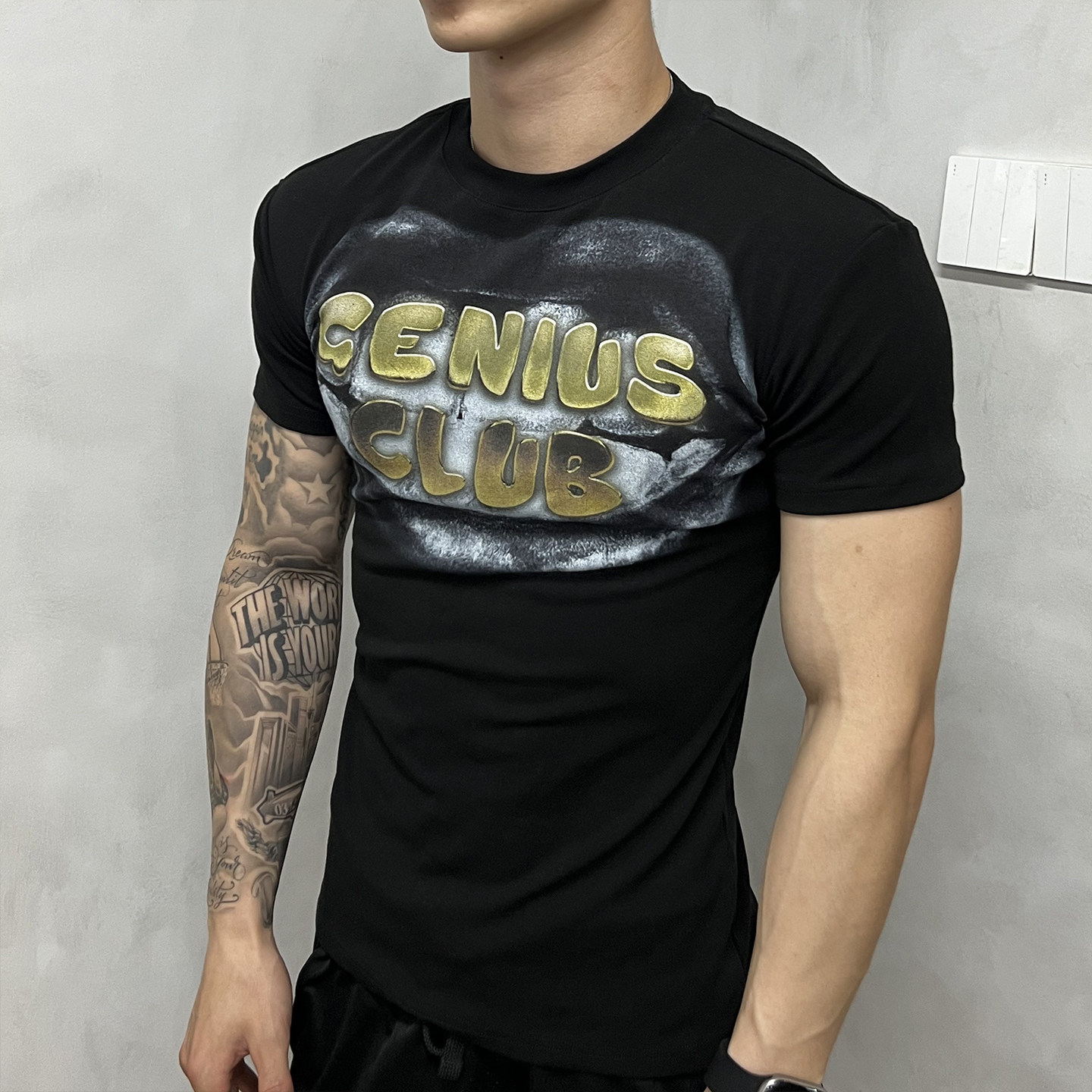 GENIUSCLUB 美式休闲印花圆领短袖基础T恤美式修身套头上衣