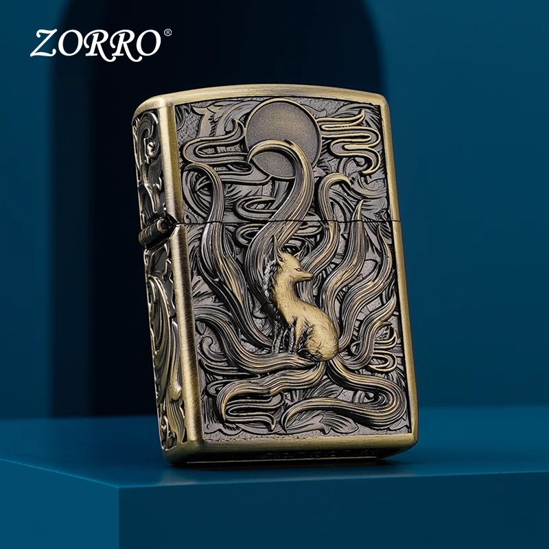 ZORRO佐罗九尾狐防风煤油打火机复古精雕个性创意盔甲火机送礼物