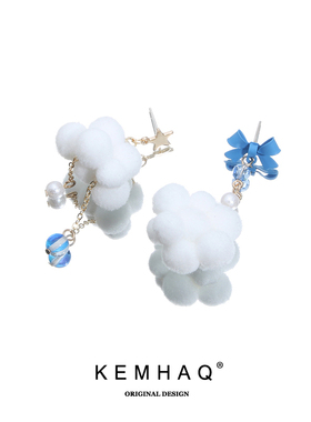 泡泡白色云朵耳环不对称毛绒球蓝色蝴蝶结可爱少女心纯银耳钉耳夹