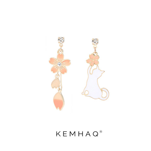 新款学生不对称樱花猫咪耳环女