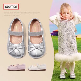女童鞋子皮鞋银色公主鞋宝宝小童蝴蝶结演出娃娃鞋软底春秋季单鞋