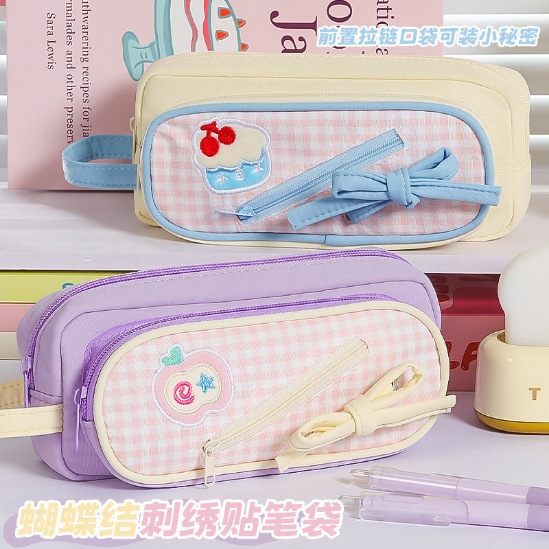 甜心糖格笔袋ins手提拼色可爱刺绣贴小众不撞款耐脏卡通文具袋,文具电教/文化用品/商务用品,笔袋,淘宝优惠券,粉丝福利购,淘宝优惠卷