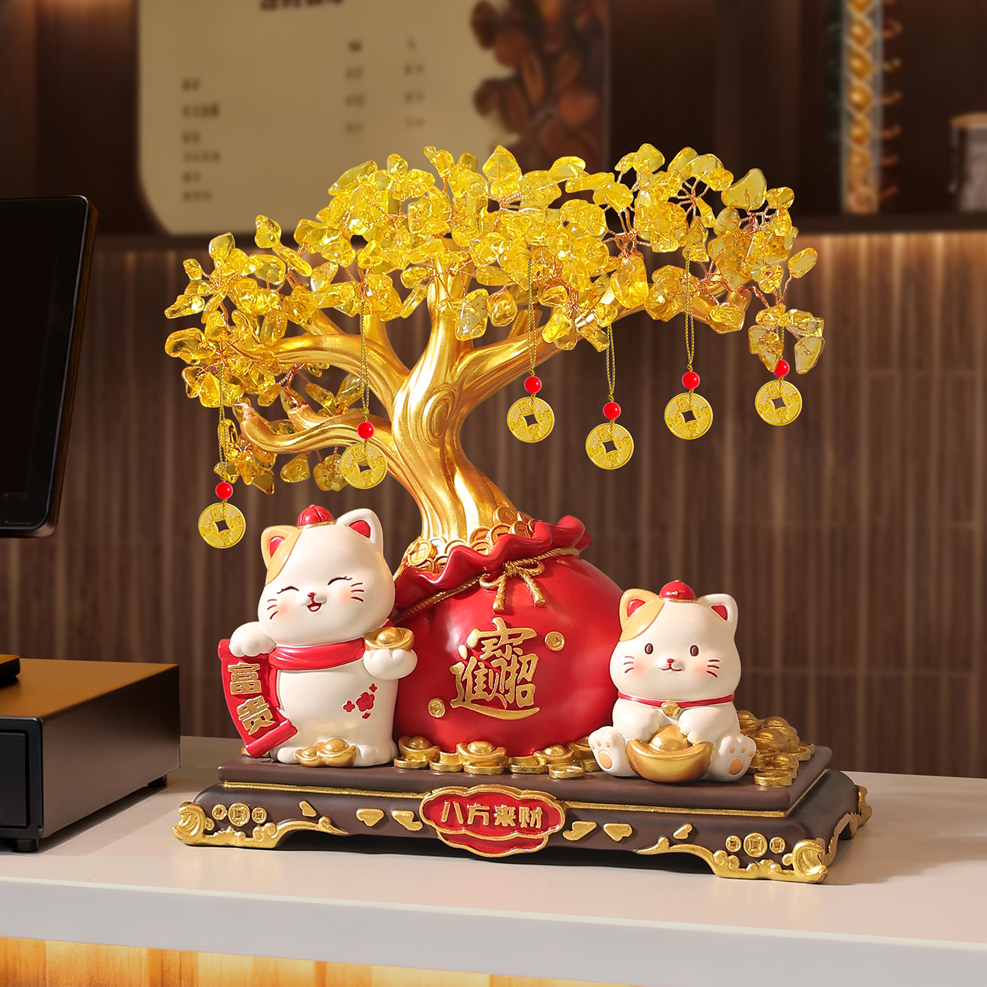 水晶发财树招财猫摆件