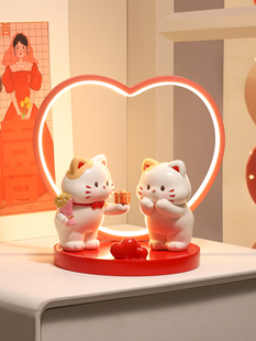 喜庆情侣小猫咪摆件长明灯婚房卧室床头柜氛围感装 饰订婚新婚礼物