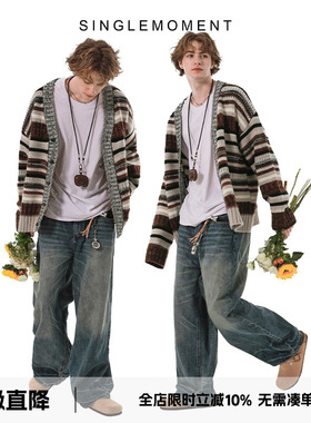 SINGLE MOMENT 羊毛复古条纹开衫毛衣宽松休闲复古设计感男女外套