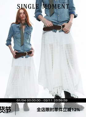 SINGLE MOMENT 25AW秋季苏格兰风纯白格纹不对称半身裙长裙女