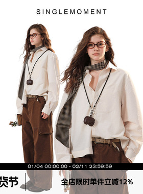 SINGLE MOMENT 绣花简约纯棉宽松打底亚麻质感长袖衬衫