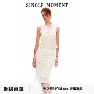 SINGLE MOMENT 26SS夏季法式V领手缝钉珠挂脖无袖背心上衣女