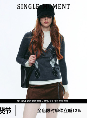 SINGLE MOMENT 25AW法式复古V领菱形格假两件针织衫毛衣上衣女