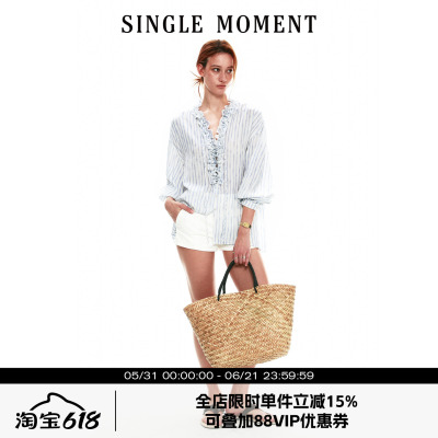 SINGLE MOMENT 26SS夏季法式条纹手工木耳边七分袖休闲衬衫上衣女