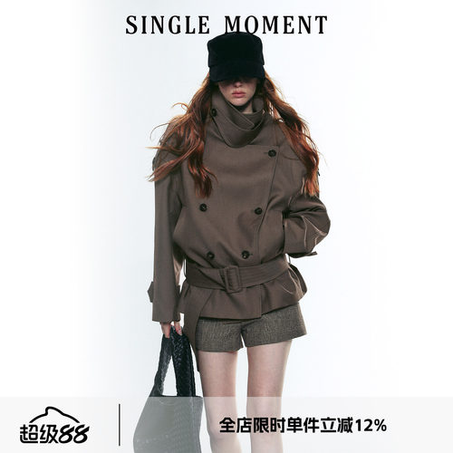 SINGLE MOMENT 25AW法式复古大立领宽肩短款双排扣系腰风衣外套女
