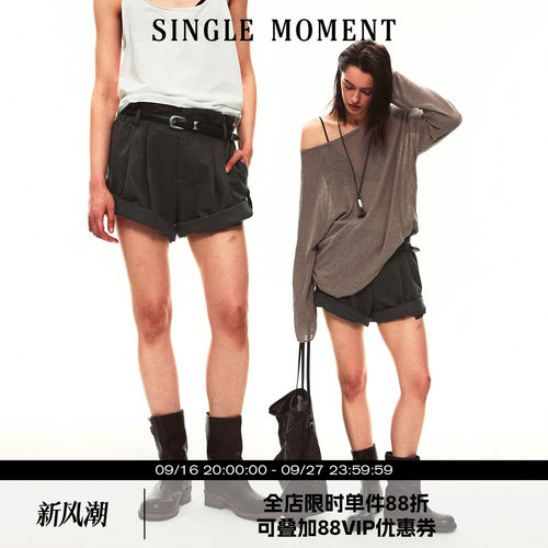 SINGLE MOMENT 26SS夏季法式双倒褶翻脚口花边抽褶腰头工装短裤女