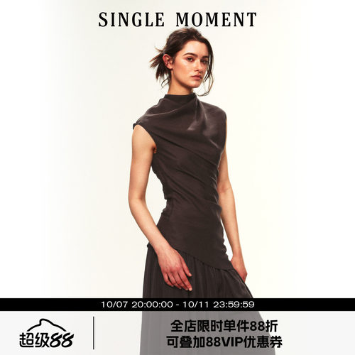 SINGLE MOMENT 26SS夏季法式帆船领不对称斜肩抽褶无袖上衣T恤女