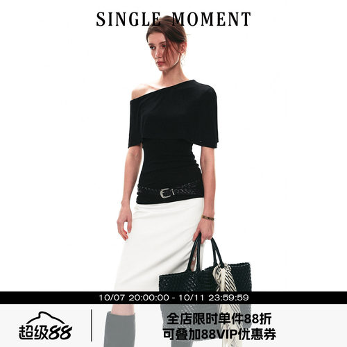 SINGLE MOMENT 26SS夏季法式斗篷式假两件斜肩针织t恤短袖上衣女