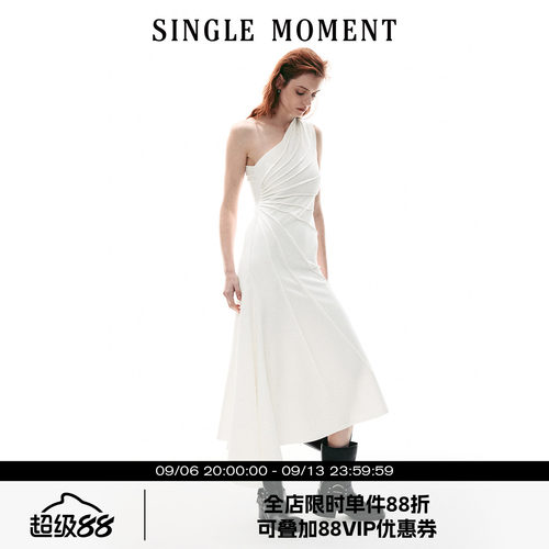 SINGLE MOMENT 26SS夏季法式放射压褶斜肩针织背心不规则连衣裙女