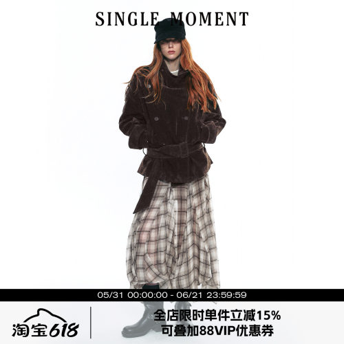 SINGLE MOMENT 25AW法式复古植绒大立领短款双排扣系腰风衣外套女