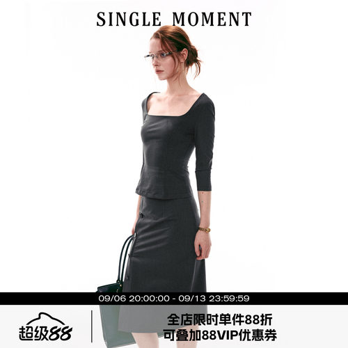 SINGLE MOMENT 26SS法式方领通勤修身显瘦五分袖上衣T恤套装女