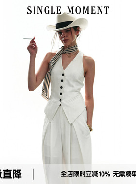 SINGLE MOMENT25SS秋季新款法式v领无袖设计休闲修身马甲白色套装