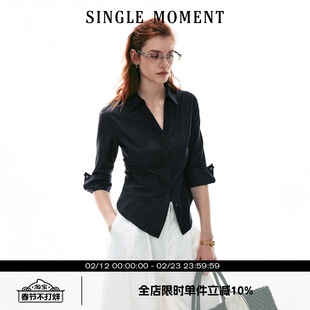 SINGLE MOMENT 26SS法式智性风修身翻领条纹长袖衬衫休闲上衣女