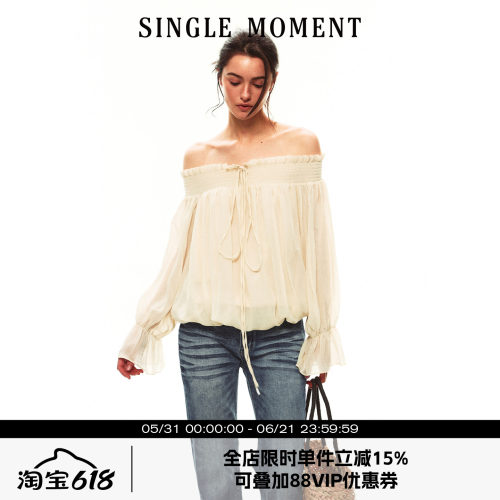 SINGLE MOMENT 26SS夏季法式褶皱木耳边一字肩上衣宽松长袖罩衫女
