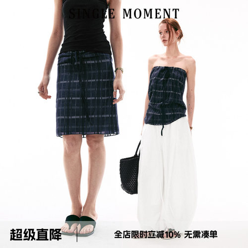 SINGLE MOMENT 26SS夏季通勤百搭显瘦格纹两穿抹胸修身半裙女